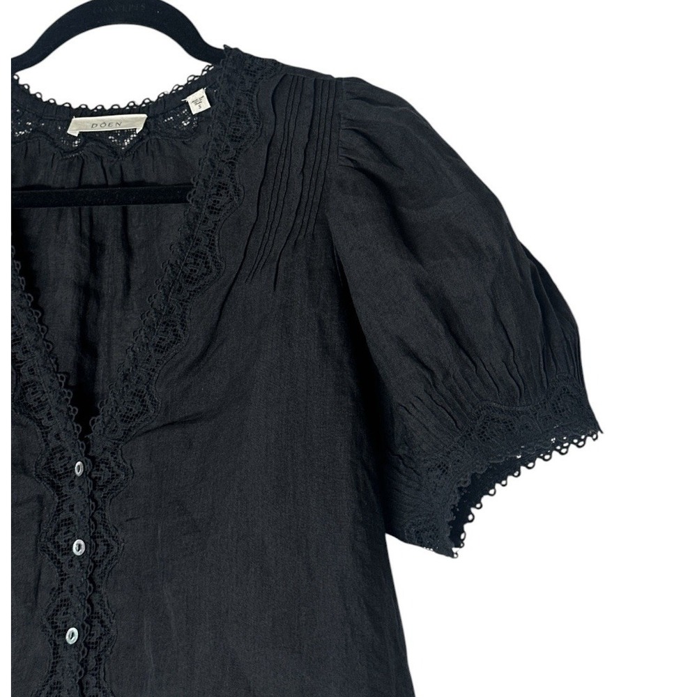 DÔEN Brigitta Lace Trim Top Womens Small Black Short Sleeve Ramie Coquette - Picture 8 of 13